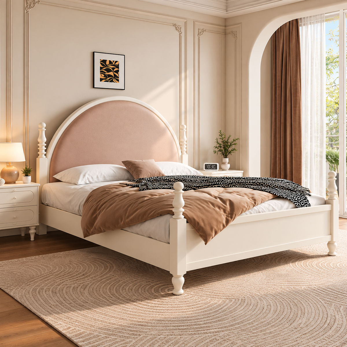 Luxury Cream Wooden Bed with Blush Pink Upholstered Arched Headboard