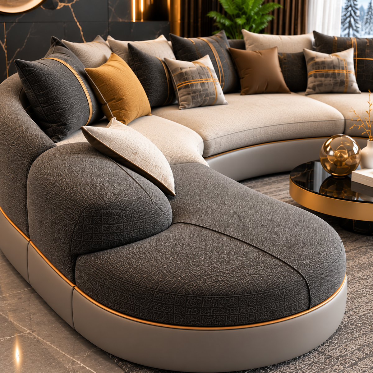 Luxury Curved U-Shaped Sectional Sofa for Living Room | Modern Designer Fabric Sofa with Chaise, Gold Trim & Plush Cushions