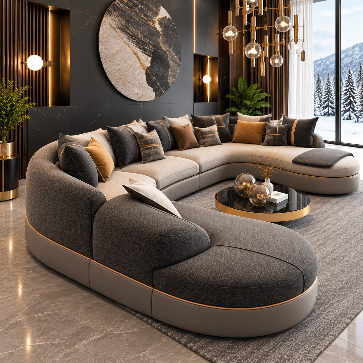 Luxury Curved U-Shaped Sectional Sofa for Living Room | Modern Designer Fabric Sofa with Chaise, Gold Trim & Plush Cushions