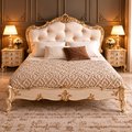 Luxury French Style Upholstered Bed with Golden Carvings