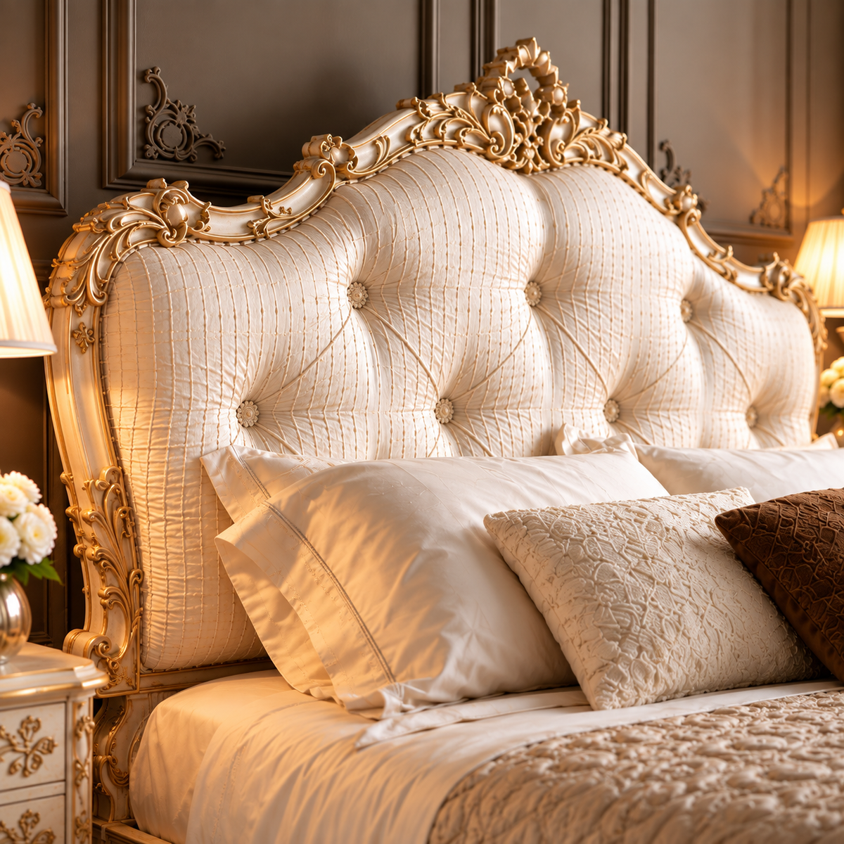 Luxury French Style Upholstered Bed with Golden Carvings