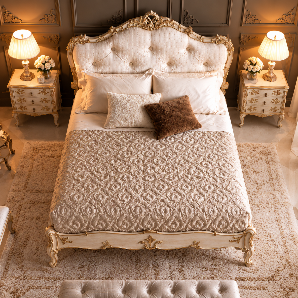 Luxury French Style Upholstered Bed with Golden Carvings