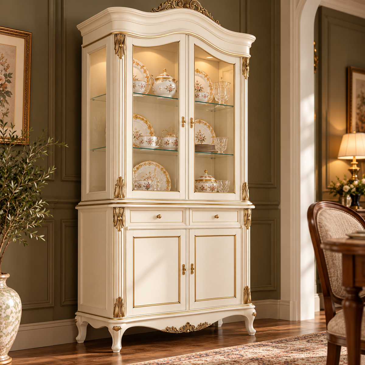 Luxury Ivory China Cabinet with Glass Doors, Gold Accents, 2 Drawers & Lower Storage  French Style Display Cupboard