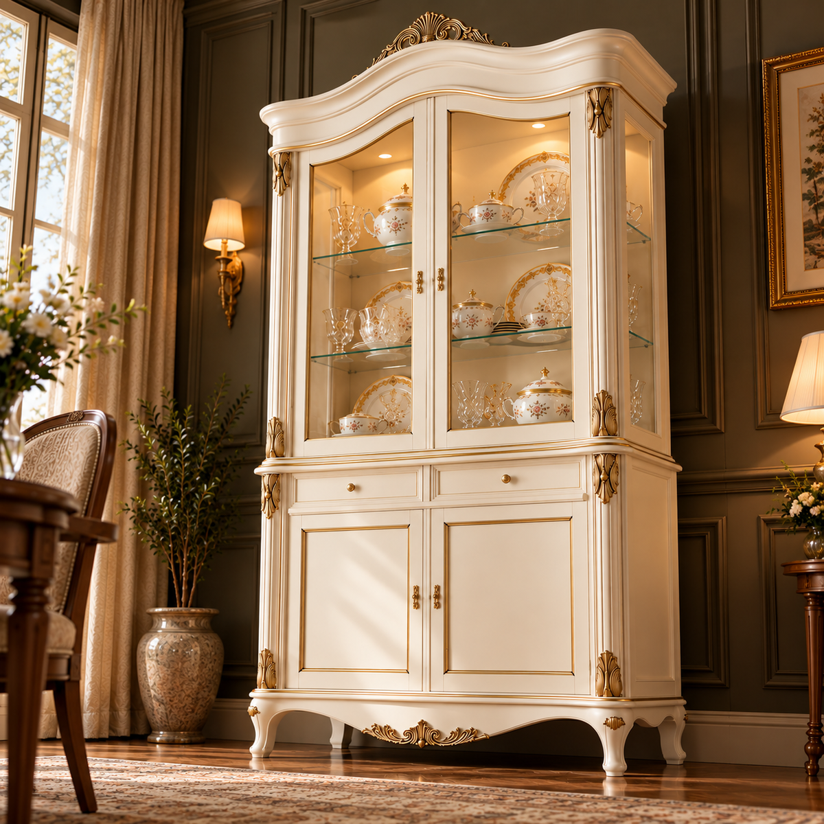 Luxury Ivory China Cabinet with Glass Doors, Gold Accents, 2 Drawers & Lower Storage  French Style Display Cupboard