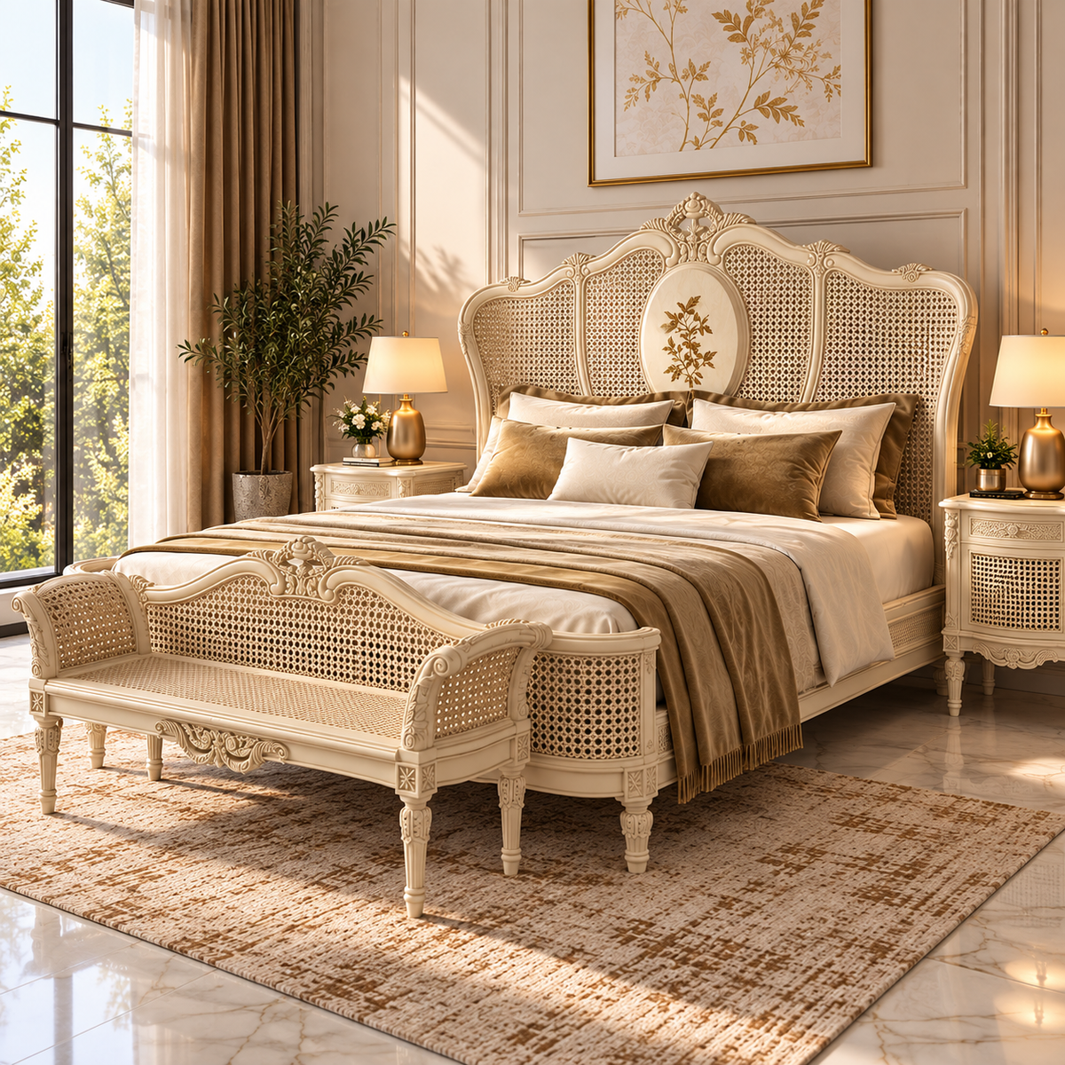 Luxury Ivory Wooden Bed with Cane Headboard, Floral Carving & Ornate Legs