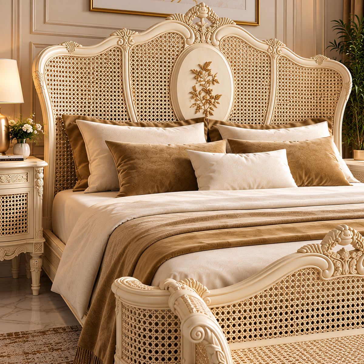 Luxury Ivory Wooden Bed with Cane Headboard, Floral Carving & Ornate Legs