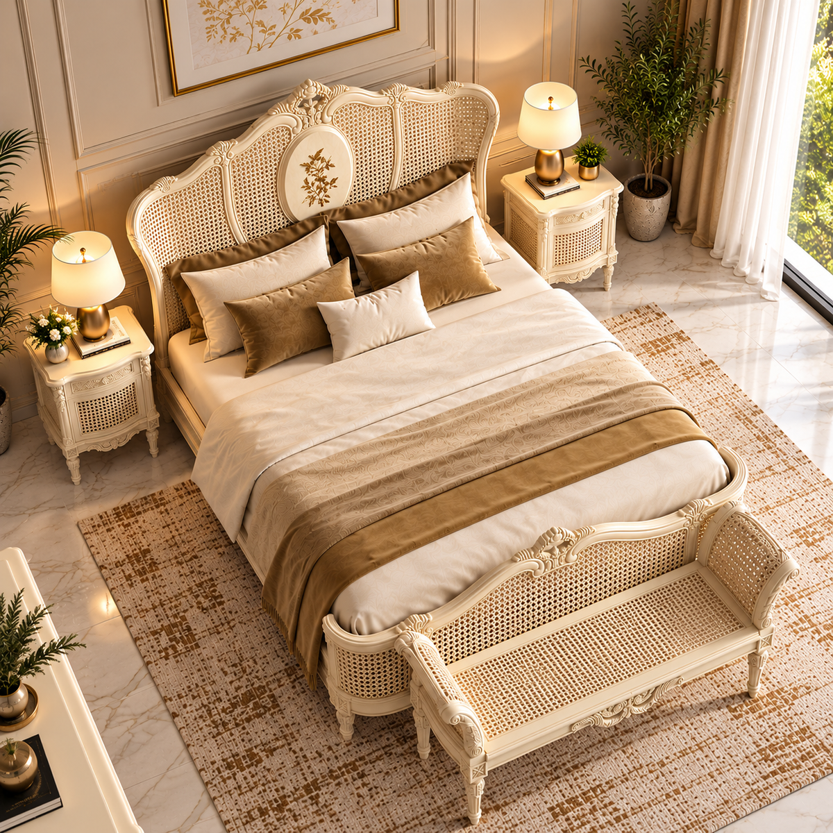 Luxury Ivory Wooden Bed with Cane Headboard, Floral Carving & Ornate Legs