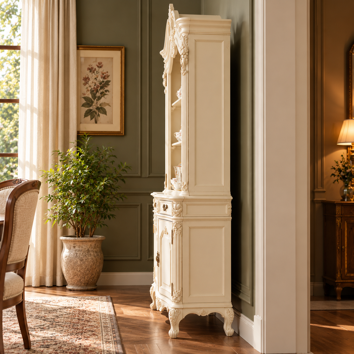 Luxury Ivory Wooden Crockery Cabinet with Open Display Shelves, 2 Door Storage, Ornate Carved Details & Antique Finish