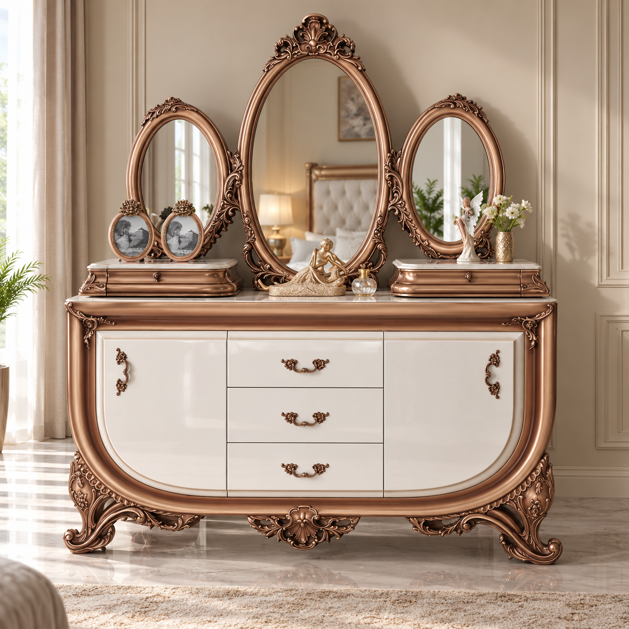 Luxury Royal Dressing Table with Triple Mirror | Antique Wooden Vanity with Drawers, Carved Details & Premium Finish