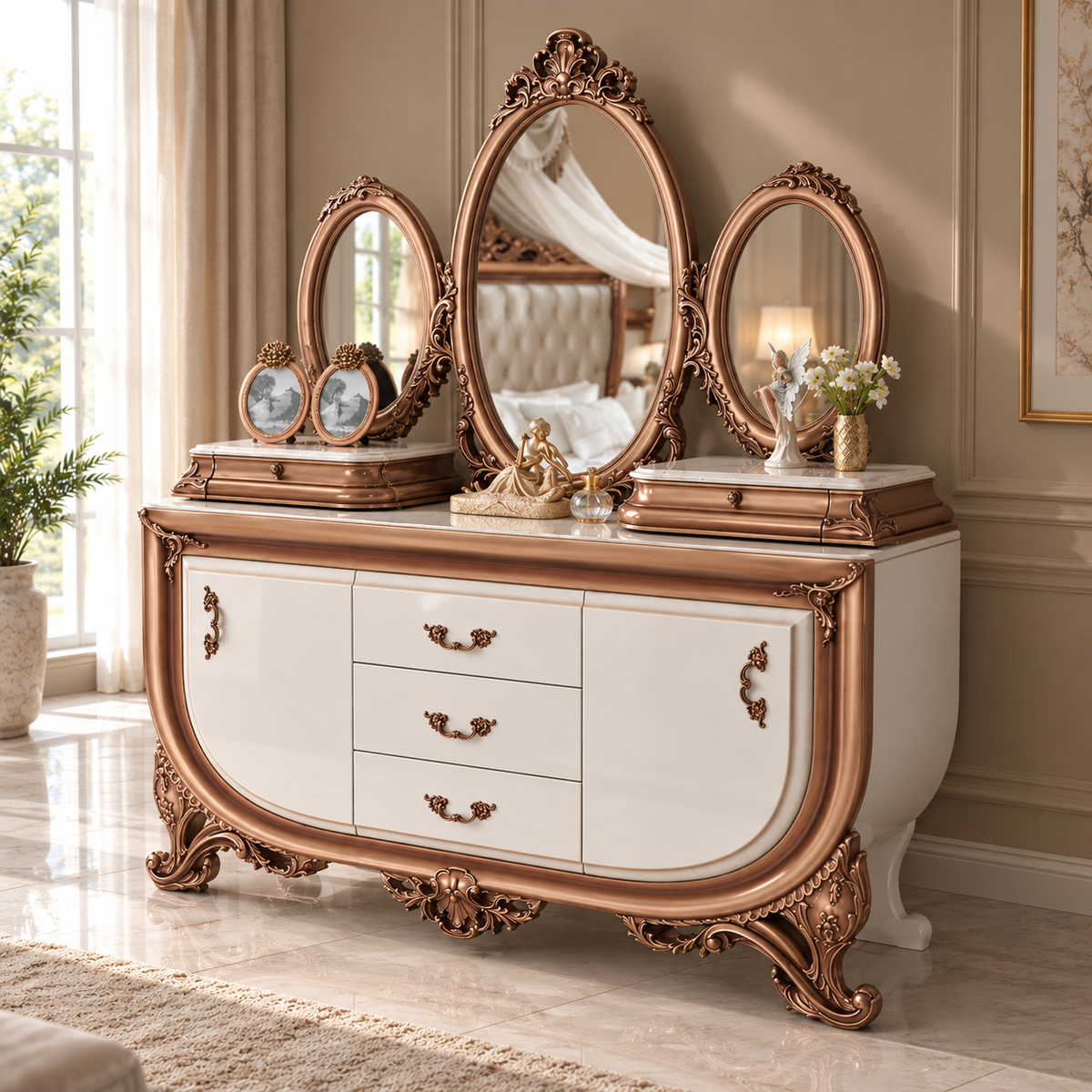 Luxury Royal Dressing Table with Triple Mirror | Antique Wooden Vanity with Drawers, Carved Details & Premium Finish