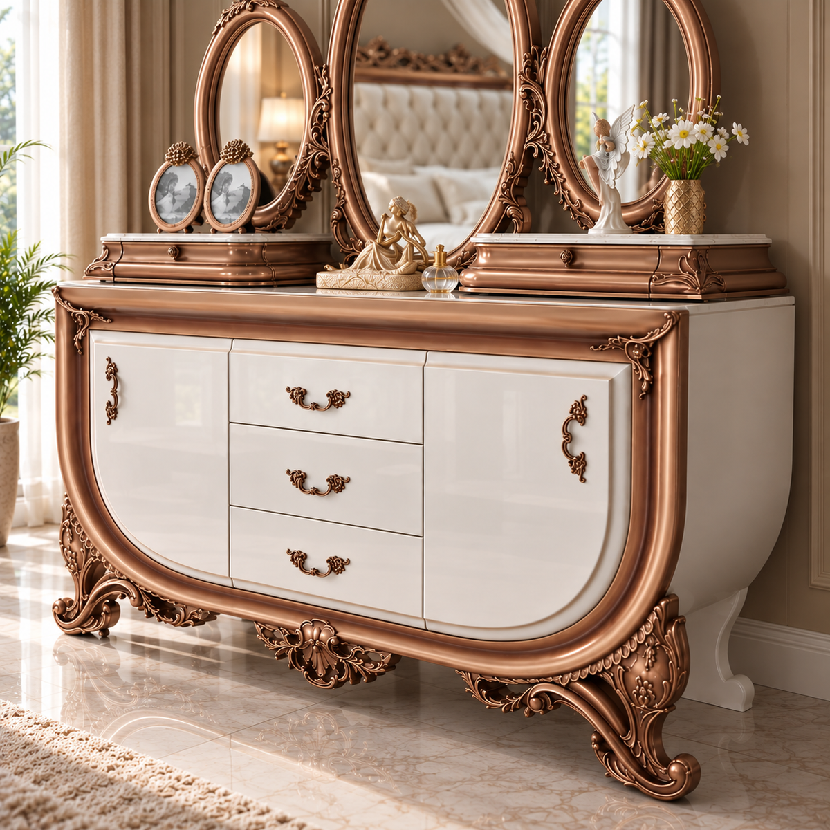 Luxury Royal Dressing Table with Triple Mirror | Antique Wooden Vanity with Drawers, Carved Details & Premium Finish