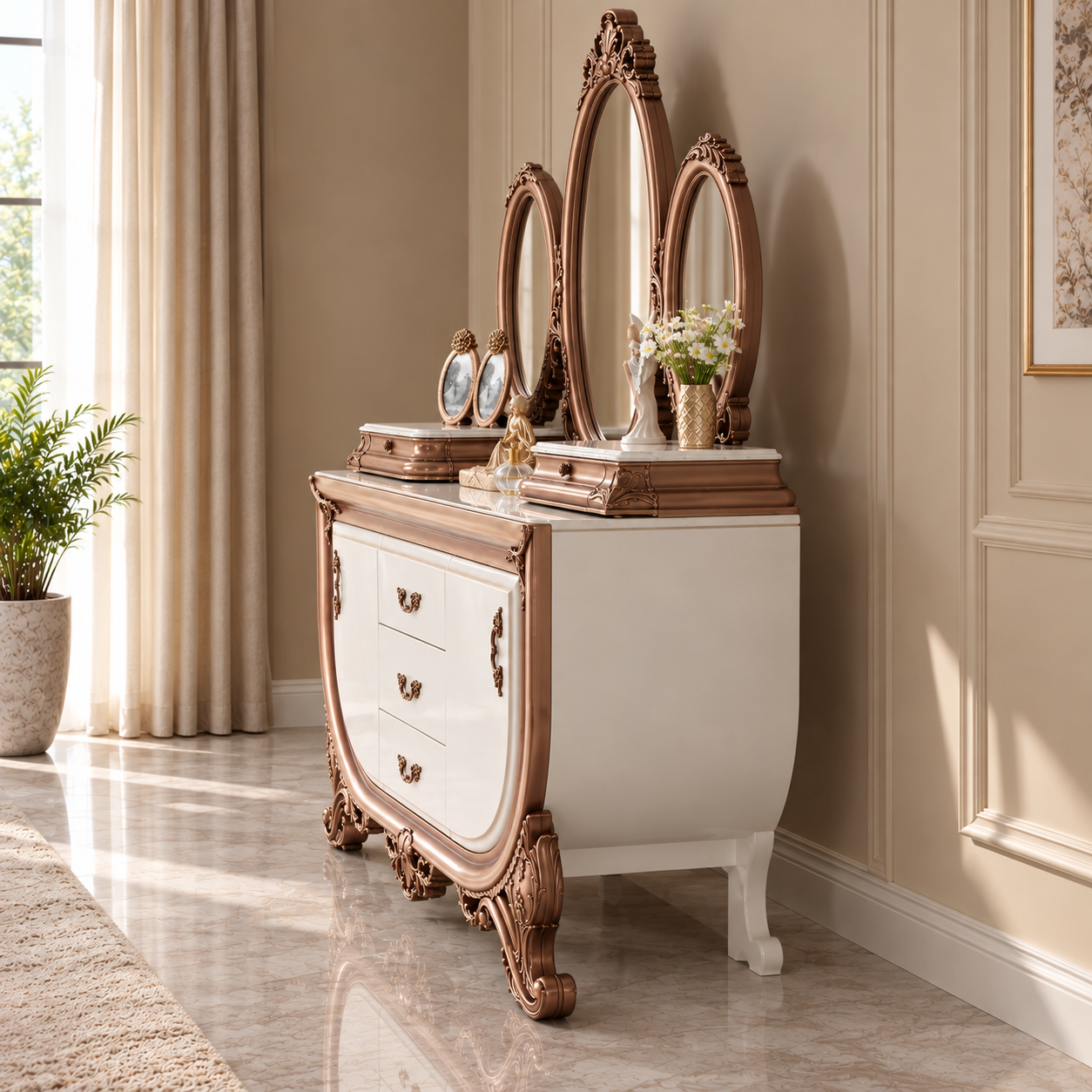 Luxury Royal Dressing Table with Triple Mirror | Antique Wooden Vanity with Drawers, Carved Details & Premium Finish