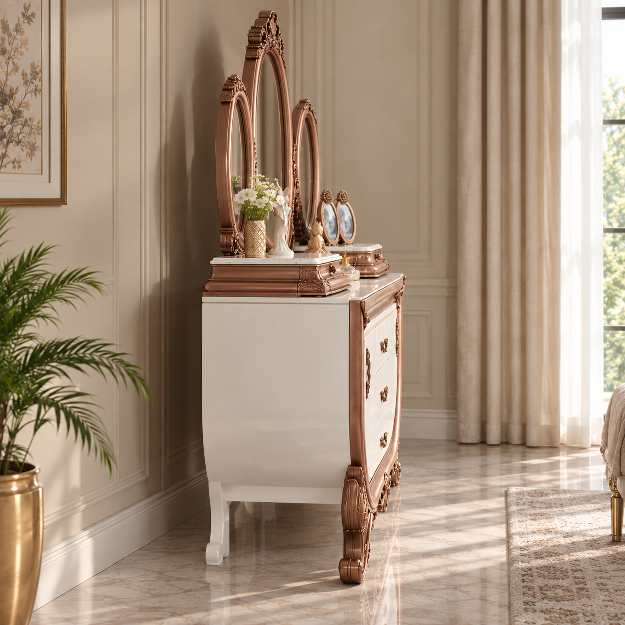 Luxury Royal Dressing Table with Triple Mirror | Antique Wooden Vanity with Drawers, Carved Details & Premium Finish