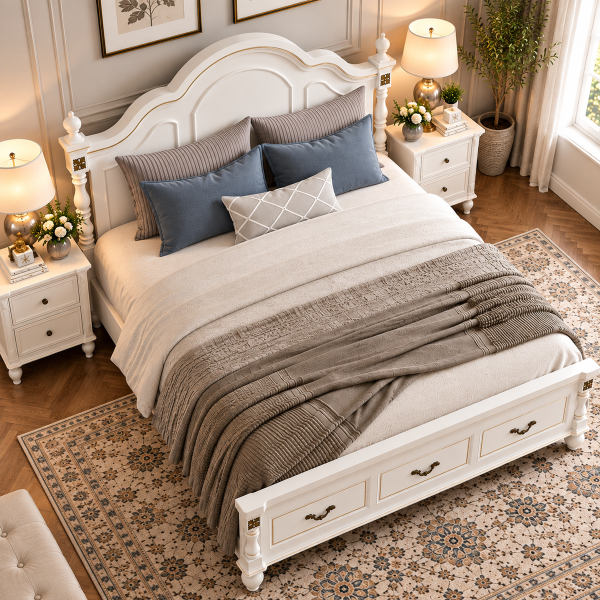Luxury White Wooden Bed with Gold Accents & Storage Drawers