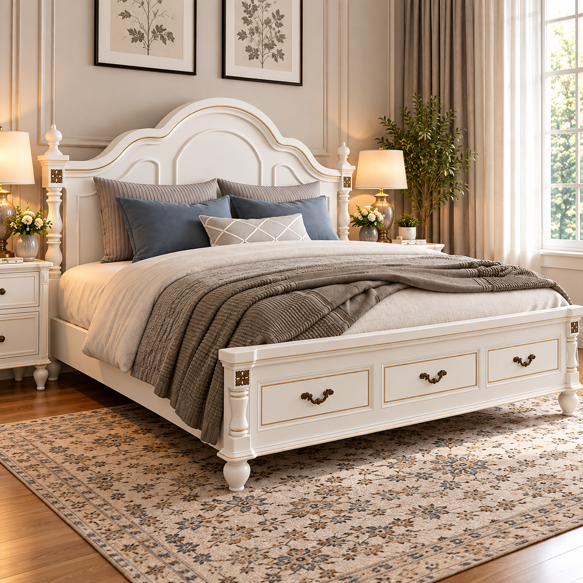 Luxury White Wooden Bed with Gold Accents & Storage Drawers