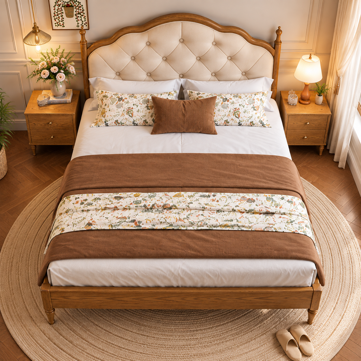 Luxury Wooden Bed with Cream Button-Tufted Upholstered Headboard