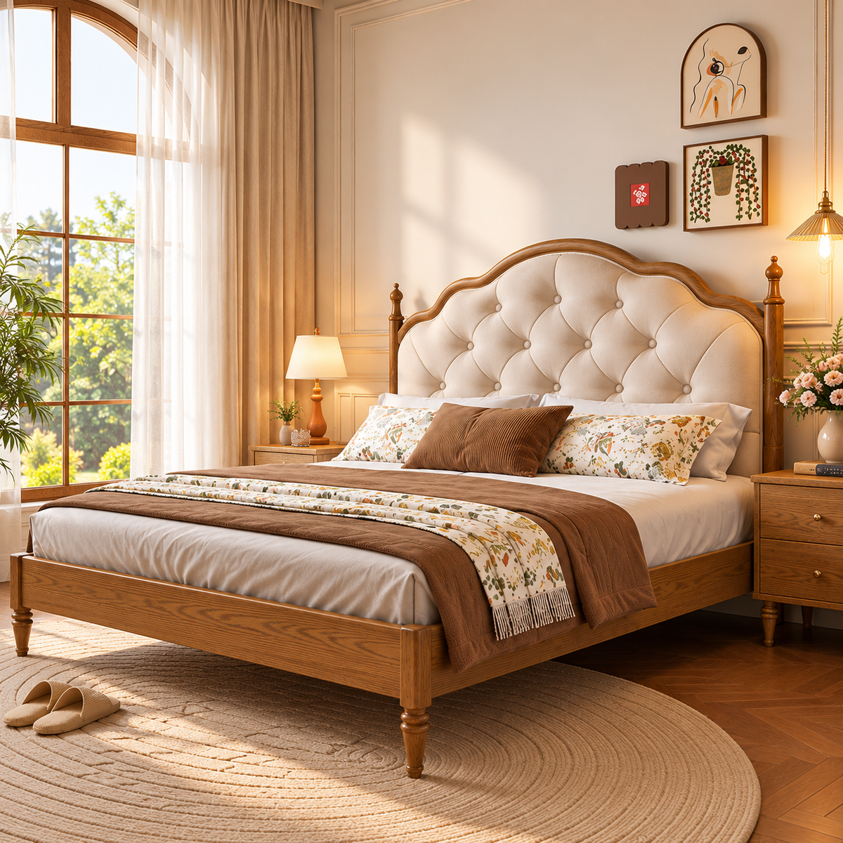Luxury Wooden Bed with Cream Button-Tufted Upholstered Headboard