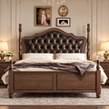 Luxury Wooden Bed with Dark Brown Tufted Upholstered Headboard, Classic King Size Bed Frame with Carved Wooden Posts, Elegant Designer Bed for Bedroom