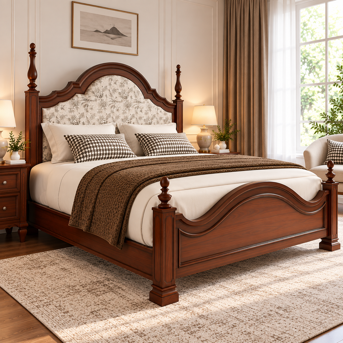 Luxury Wooden Bed with Floral Upholstered Headboard, Dark Brown Solid Wood Frame, Elegant King Size Designer Bed for Bedroom