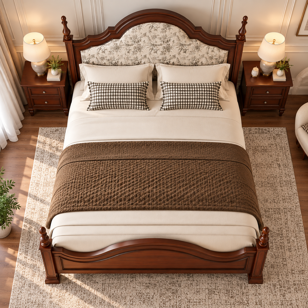 Luxury Wooden Bed with Floral Upholstered Headboard, Dark Brown Solid Wood Frame, Elegant King Size Designer Bed for Bedroom