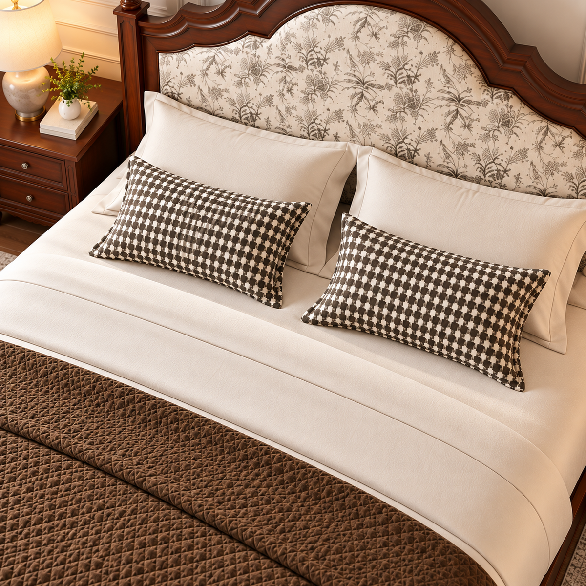 Luxury Wooden Bed with Floral Upholstered Headboard, Dark Brown Solid Wood Frame, Elegant King Size Designer Bed for Bedroom