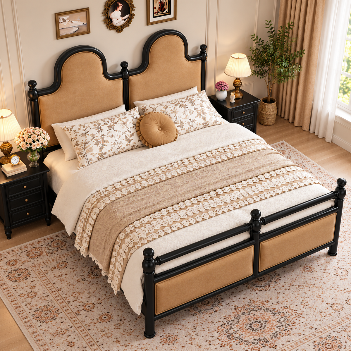 Luxury Wooden Bed with Tan Upholstered Headboard, Black Wooden Frame, Classic Designer King Size Bed with Decorative Posts for Bedroom
