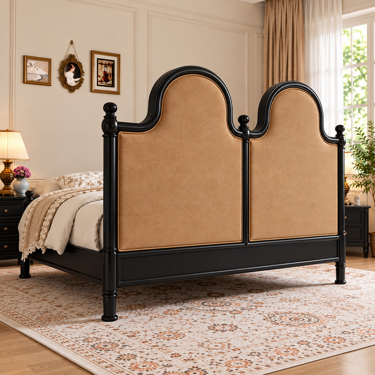 Luxury Wooden Bed with Tan Upholstered Headboard, Black Wooden Frame, Classic Designer King Size Bed with Decorative Posts for Bedroom
