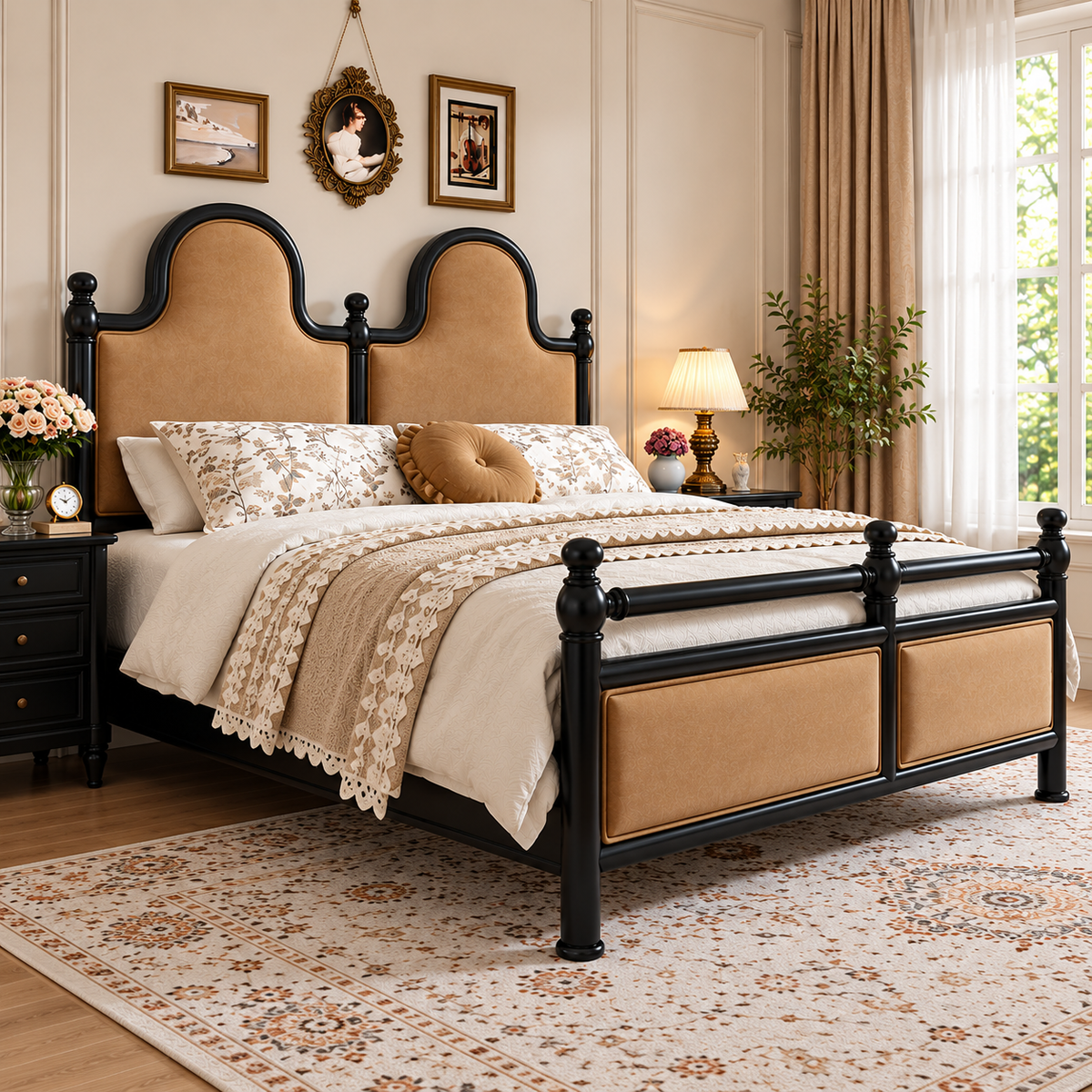 Luxury Wooden Bed with Tan Upholstered Headboard, Black Wooden Frame, Classic Designer King Size Bed with Decorative Posts for Bedroom