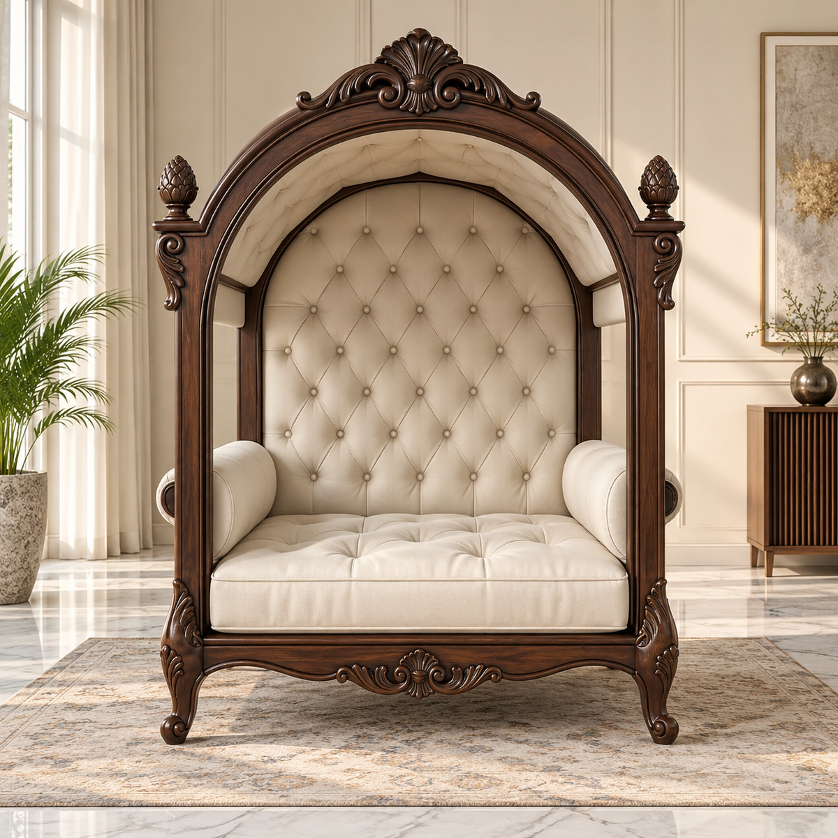 Luxury Wooden Canopy Swing Chair with Cream Upholstery