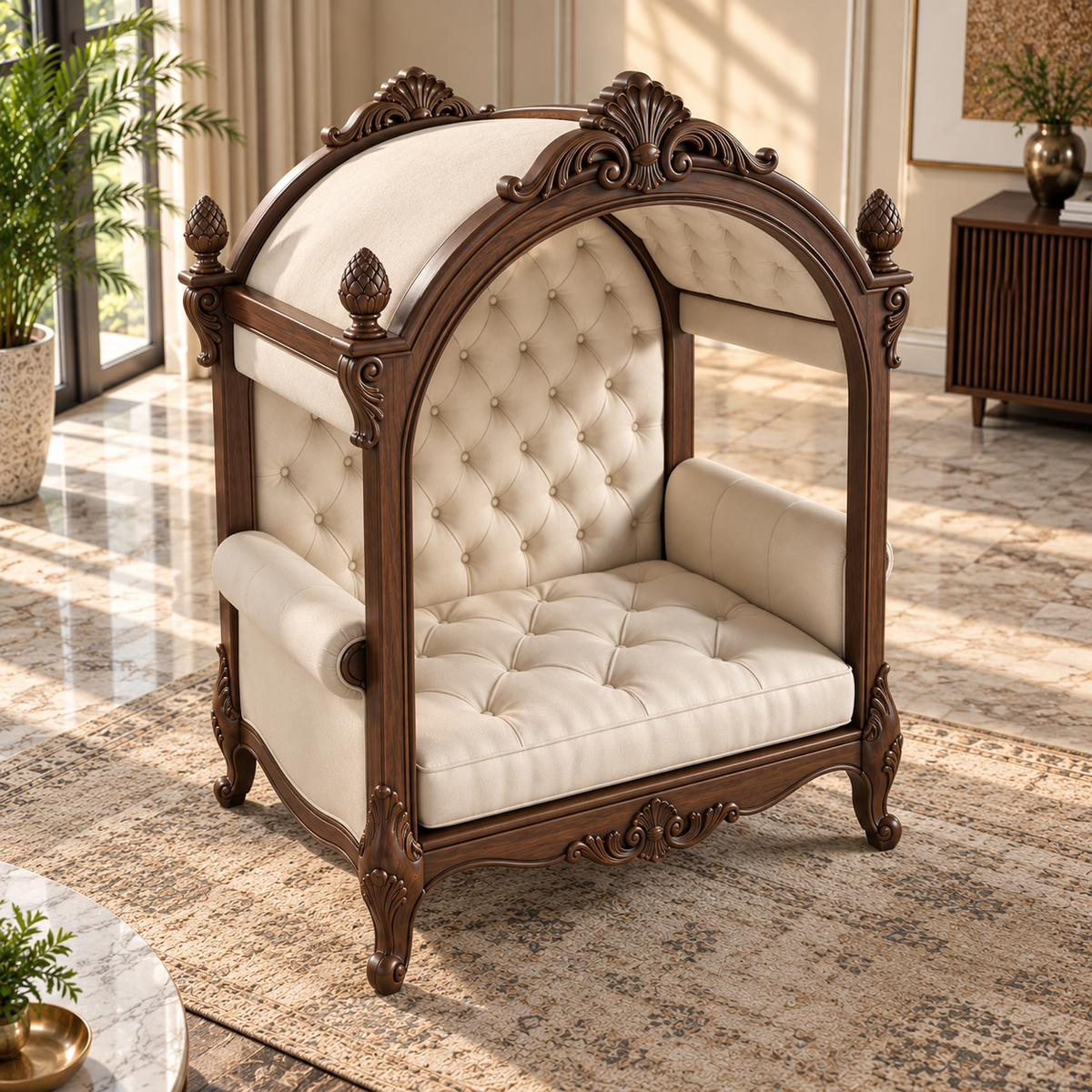 Luxury Wooden Canopy Swing Chair with Cream Upholstery