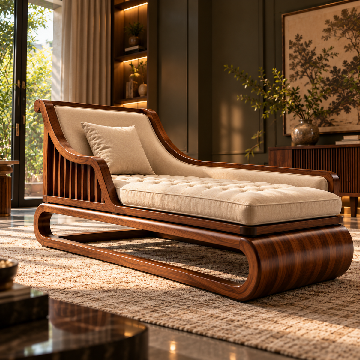 Luxury Wooden Chaise Lounge Chair with Cream Tufted Upholstery, Walnut Finish, Modern Daybed for Living Room