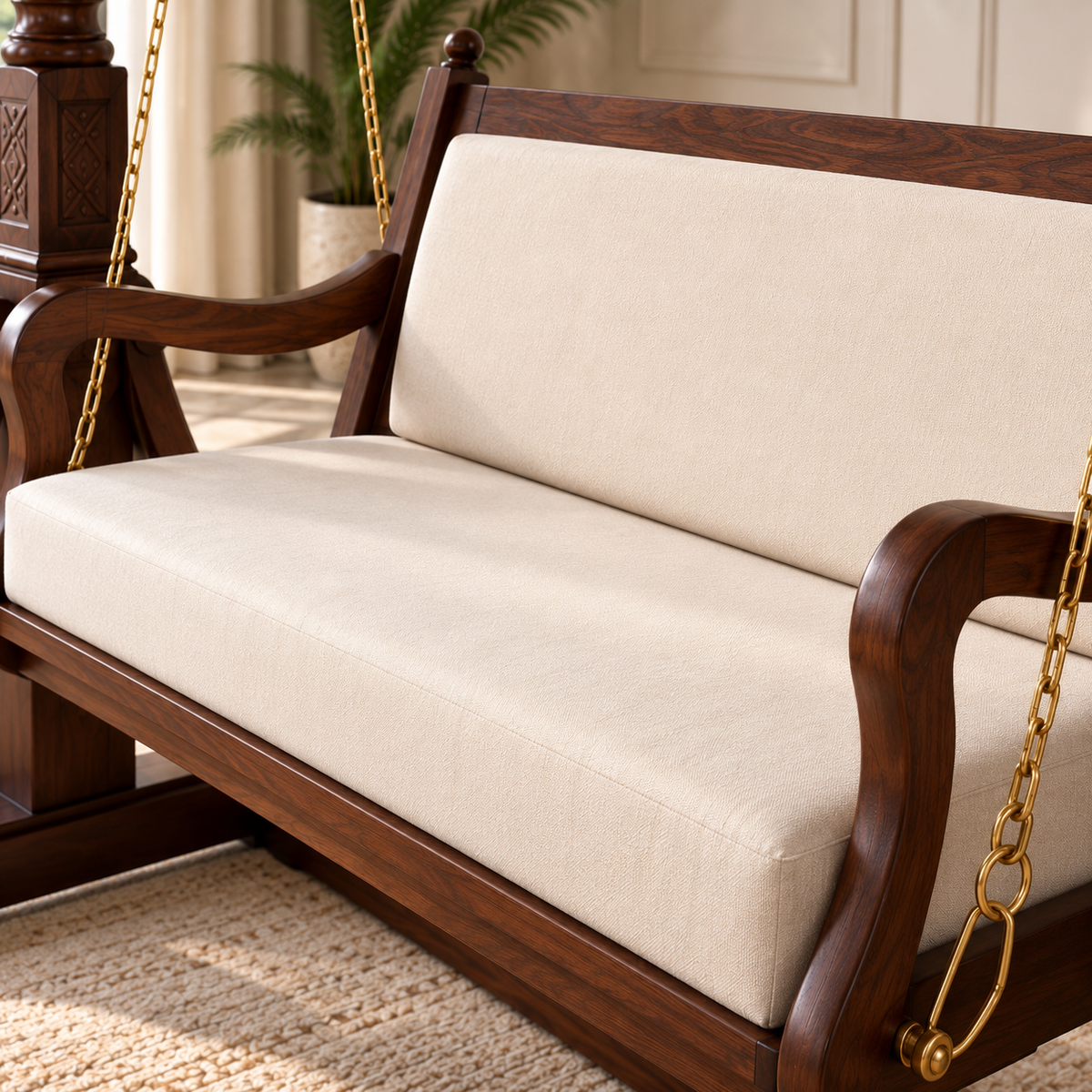 Luxury Wooden Swing Chair with Stand | Walnut Finish 2 Seater Jhula with Cream Cushions