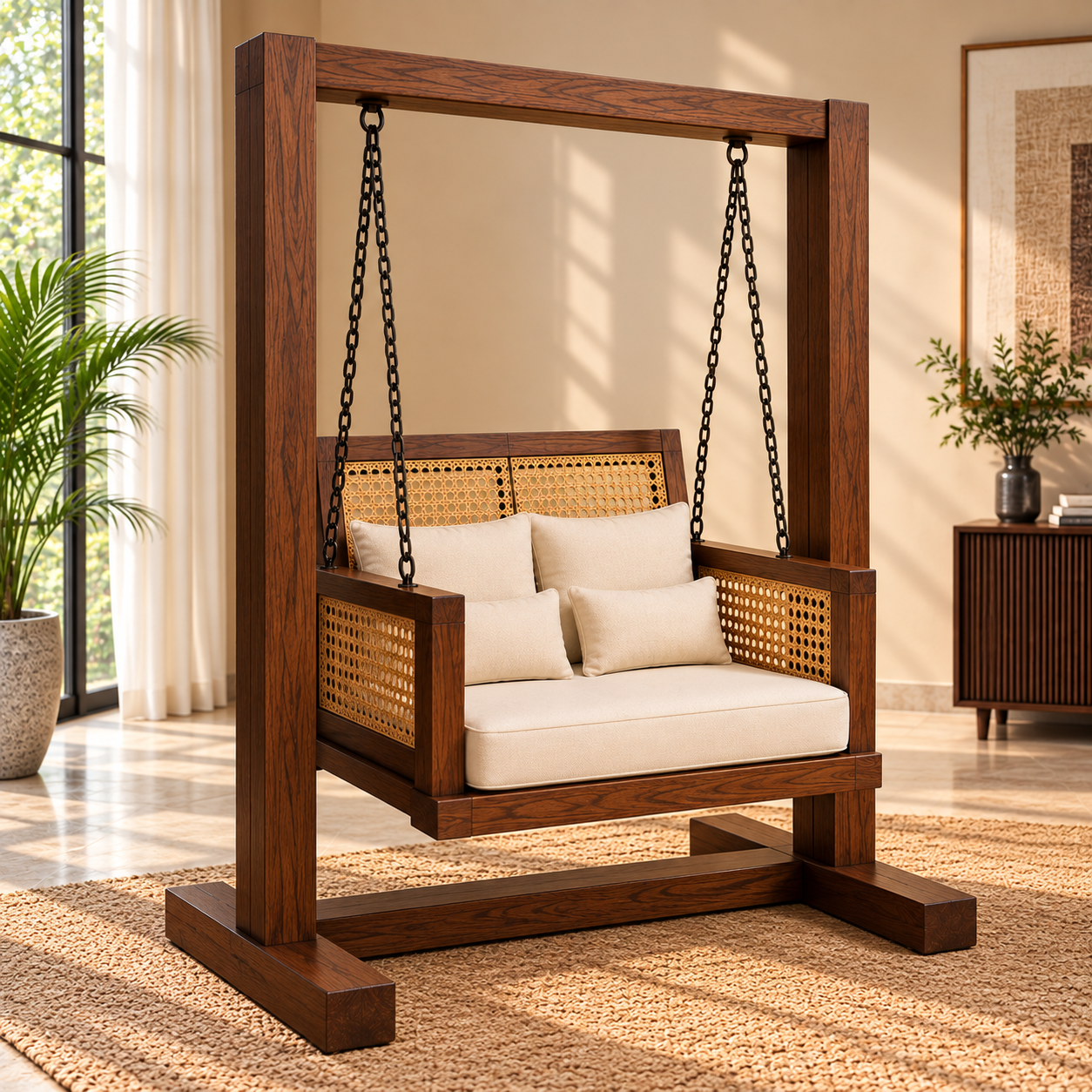 Luxury Wooden Swing Chair with Stand, Cane Rattan Panels & Cream Cushions
