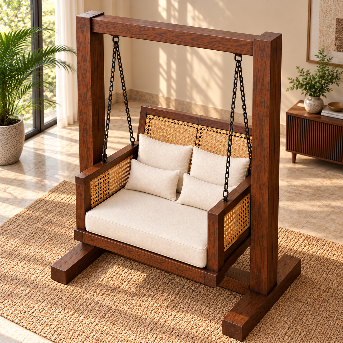 Luxury Wooden Swing Chair with Stand, Cane Rattan Panels & Cream Cushions
