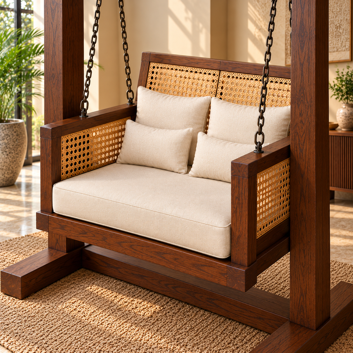 Luxury Wooden Swing Chair with Stand, Cane Rattan Panels & Cream Cushions