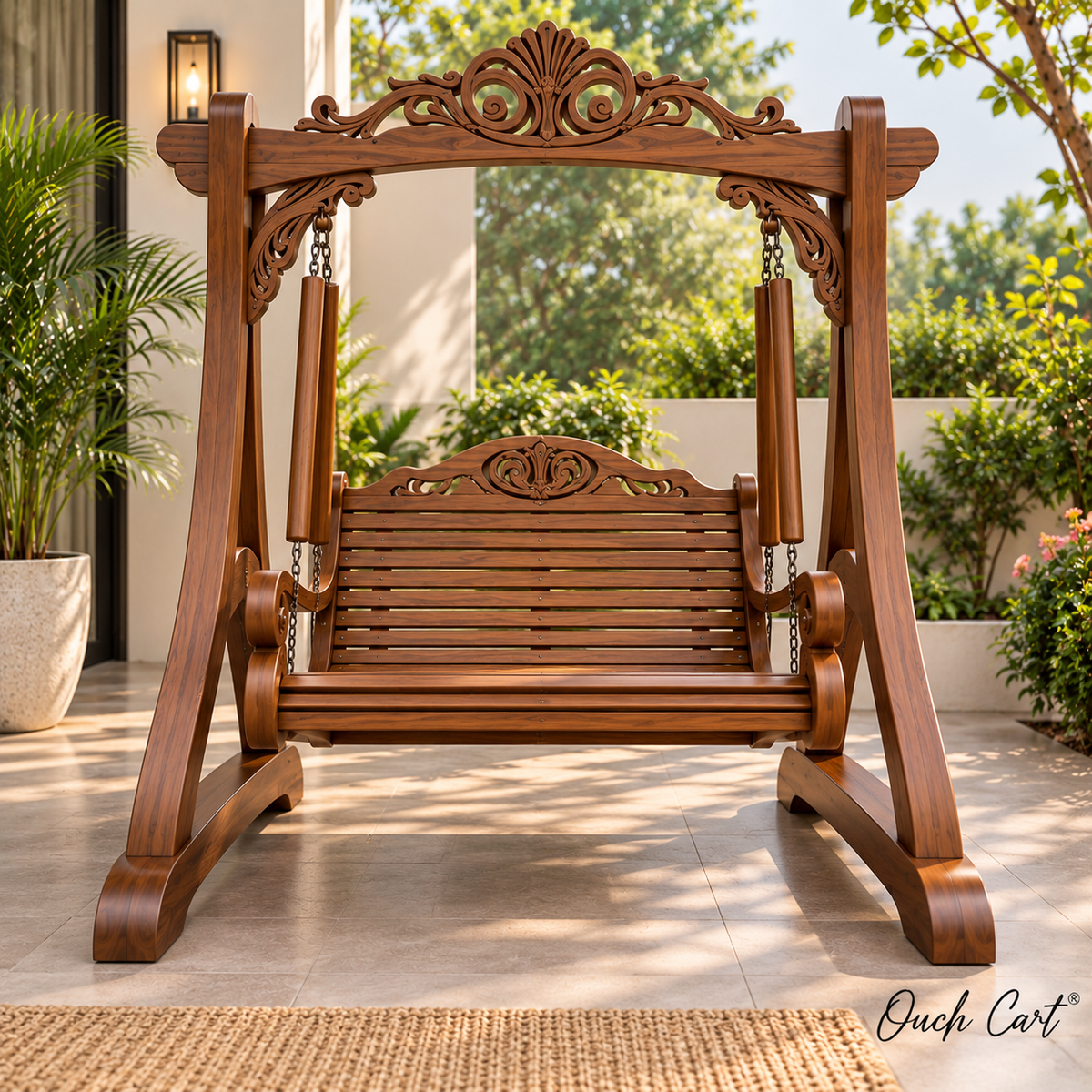 Luxury Wooden Swing with Stand for Outdoor & Living Room | 3 Seater Solid Wood Jhula with Carved Design, Heavy-Duty Chains & Sturdy Frame