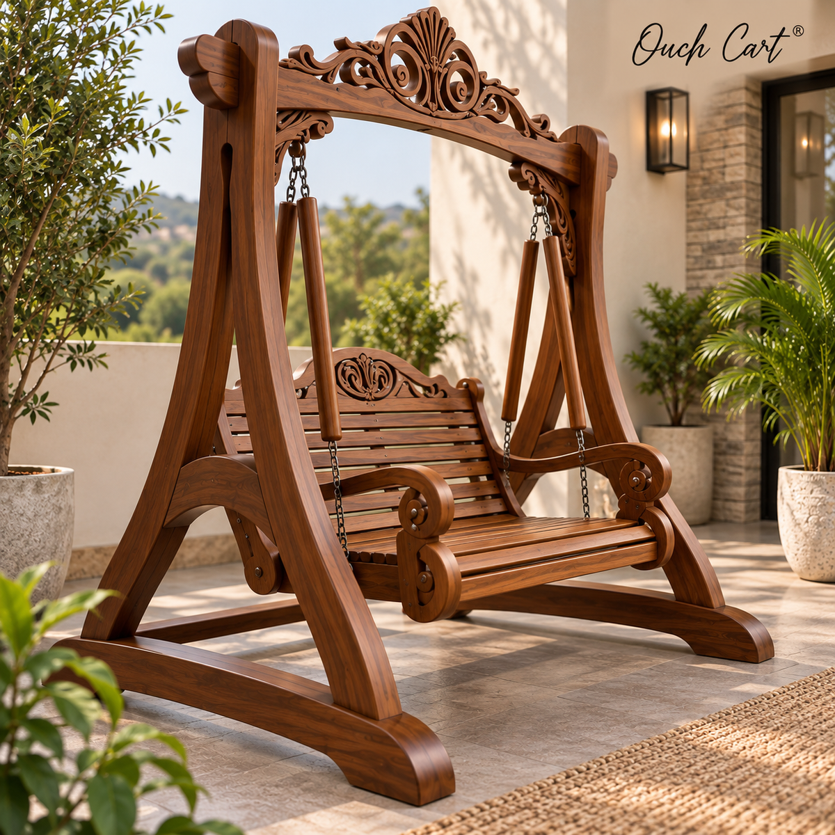 Luxury Wooden Swing with Stand for Outdoor & Living Room | 3 Seater Solid Wood Jhula with Carved Design, Heavy-Duty Chains & Sturdy Frame