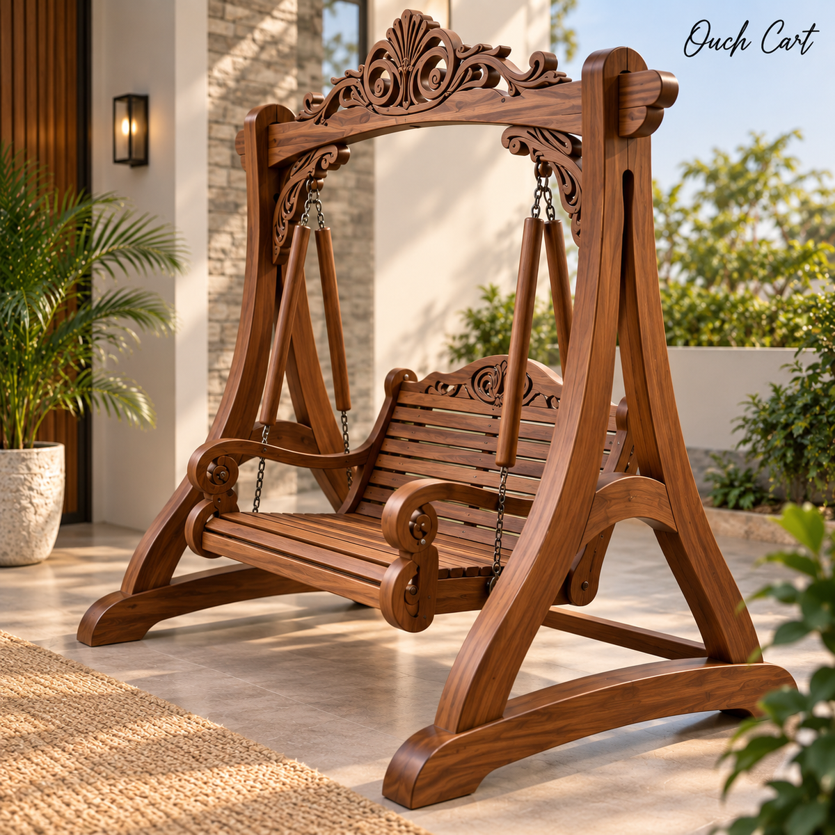 Luxury Wooden Swing with Stand for Outdoor & Living Room | 3 Seater Solid Wood Jhula with Carved Design, Heavy-Duty Chains & Sturdy Frame