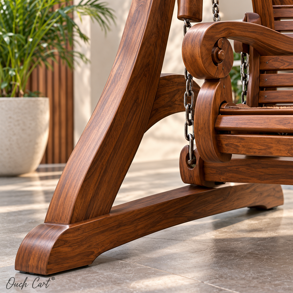 Luxury Wooden Swing with Stand for Outdoor & Living Room | 3 Seater Solid Wood Jhula with Carved Design, Heavy-Duty Chains & Sturdy Frame