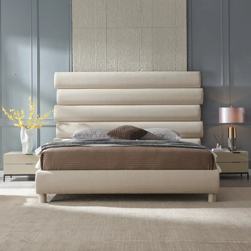 Luxury 60-Inch Asymmetrical High-Back Linen Upholstered Platform Bed - Memory Foam Compatible, No Box Spring Needed | Elevate Your Bedroom with Contemporary Style & Restful Comfort