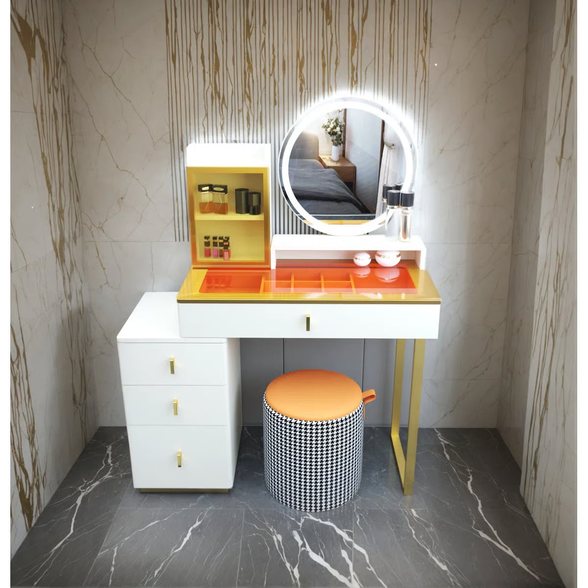 Jayda Makeup Vanity with Mirror and Stool – LED Lighted Table with Storage -OUCH CART |Dressing table
