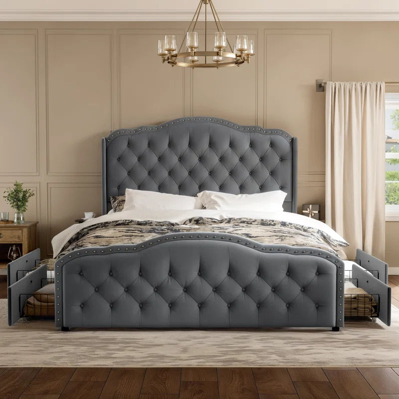 Maber Upholstered Queen Bed with 4 Drawers, Storage Platform Bed with 2 Bedside Tables , Velvet Wingback Bed, No Boxing Spring Needed, Gray - Ouchcart 
