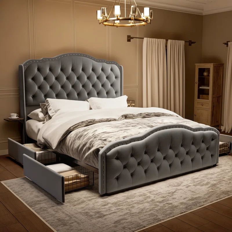 Maber Upholstered Queen Bed with 4 Drawers, Storage Platform Bed with 2 Bedside Tables , Velvet Wingback Bed, No Boxing Spring Needed, Gray