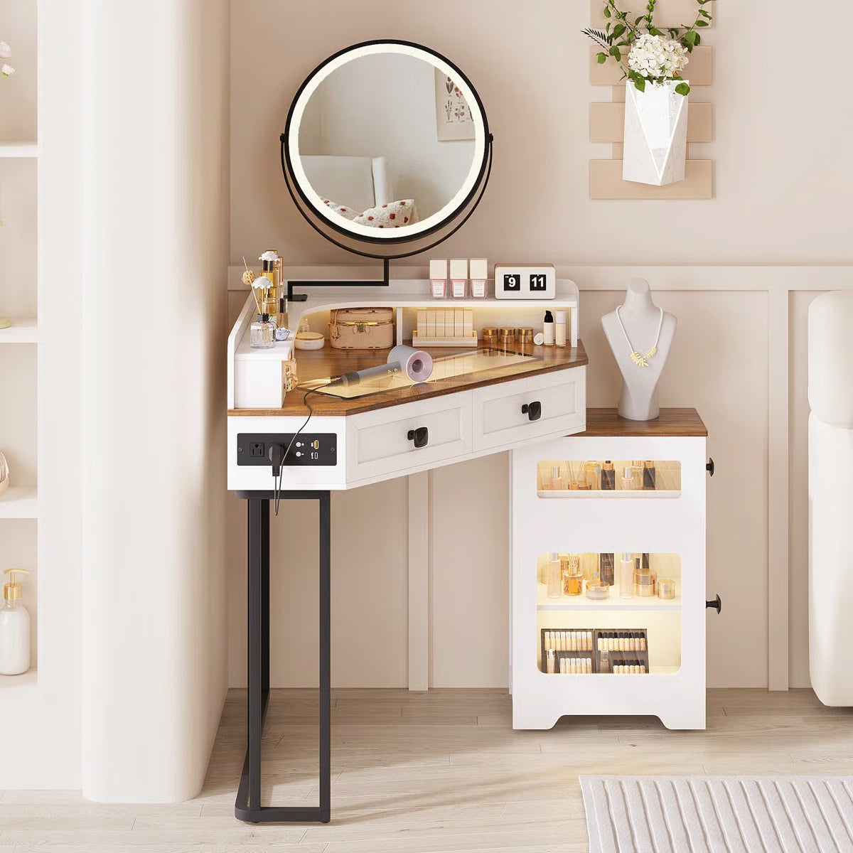 Machalik Corner Vanity Table with Mirror for Makeup and Organization