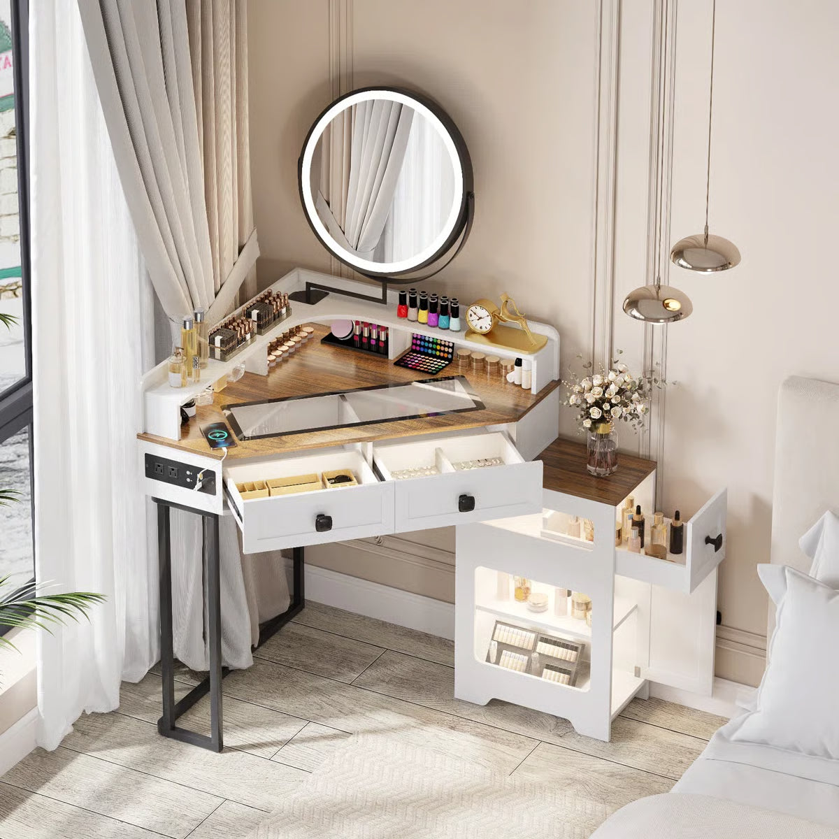 Machalik Corner Vanity Table with Mirror for Makeup and Organization