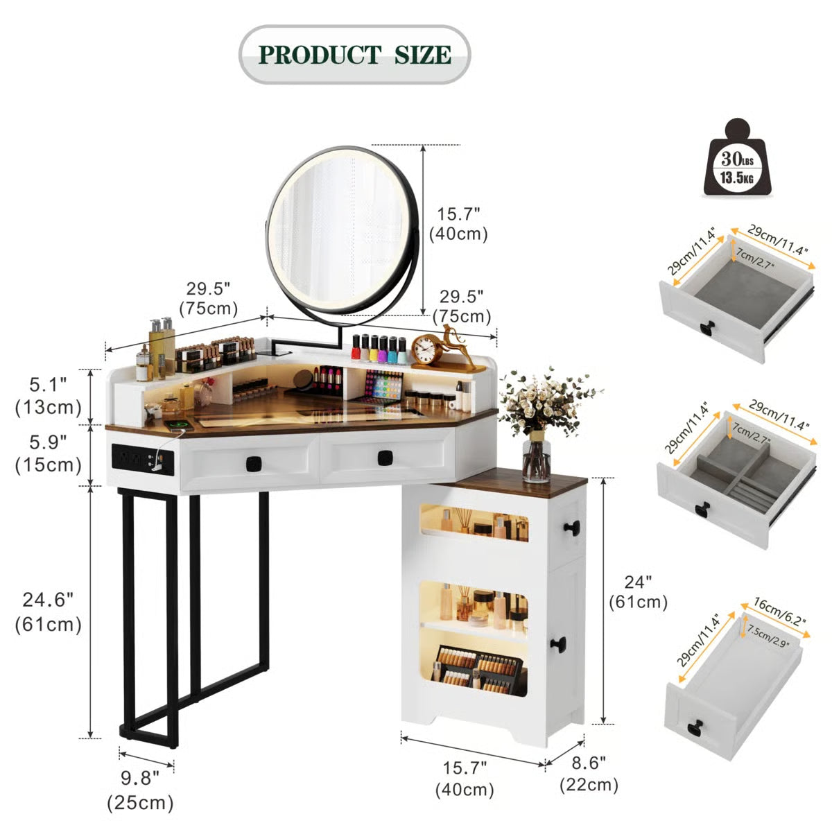 Machalik Corner Vanity Table with Mirror for Makeup and Organization