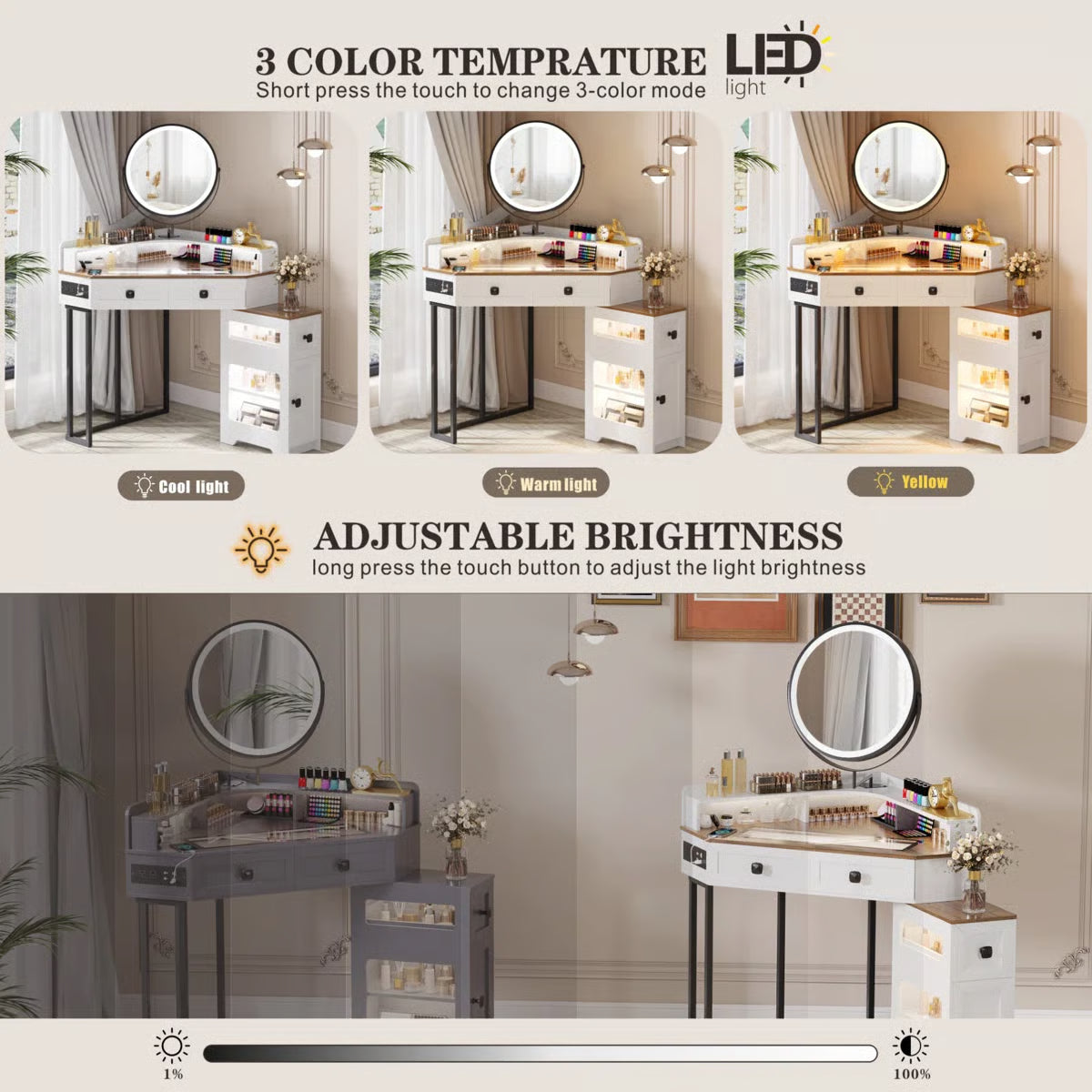 Machalik Corner Vanity Table with Mirror for Makeup and Organization