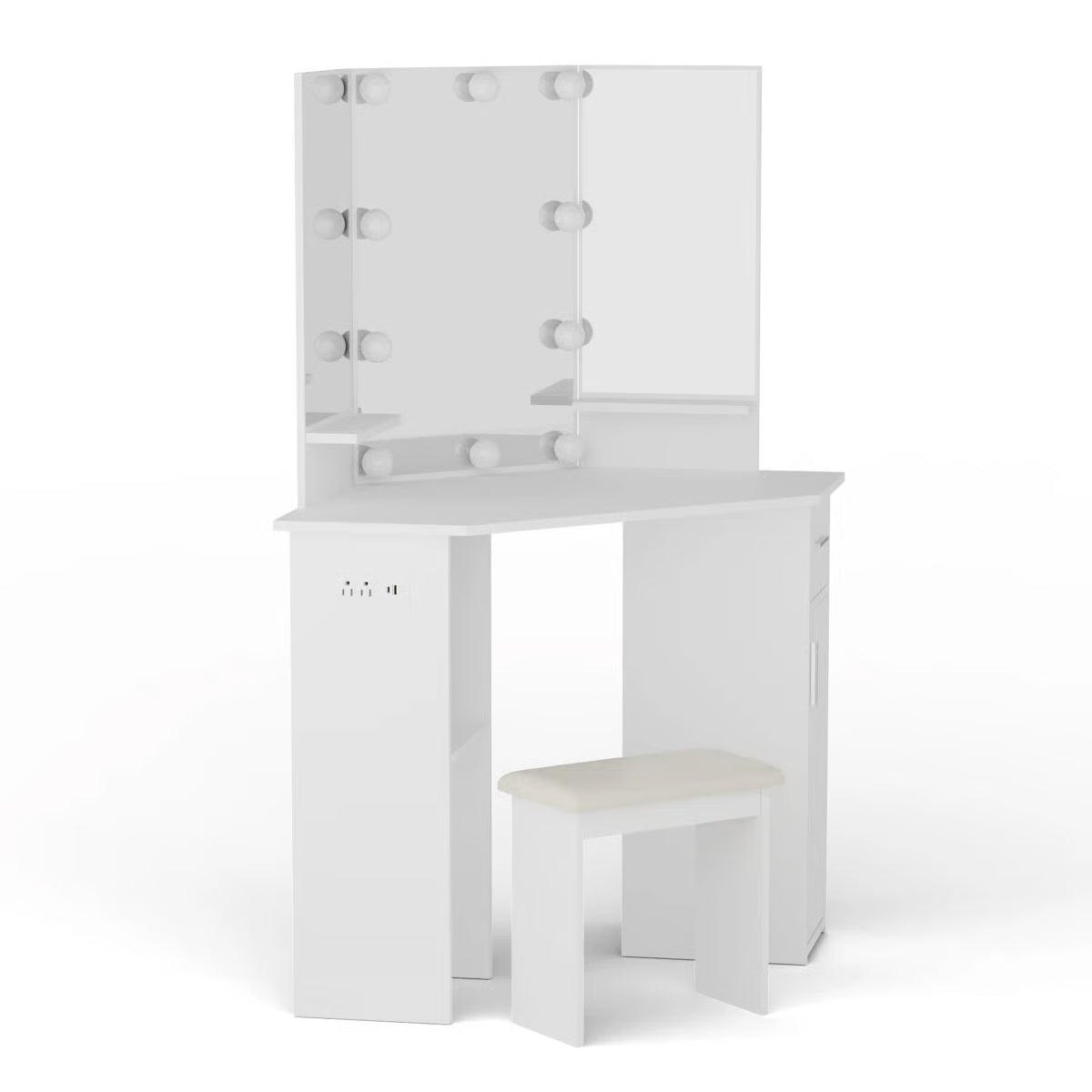 Modern Makarama Corner Makeup Desk – Vanity with LED Mirror & Charging Station-OUCH CART |Dressing table