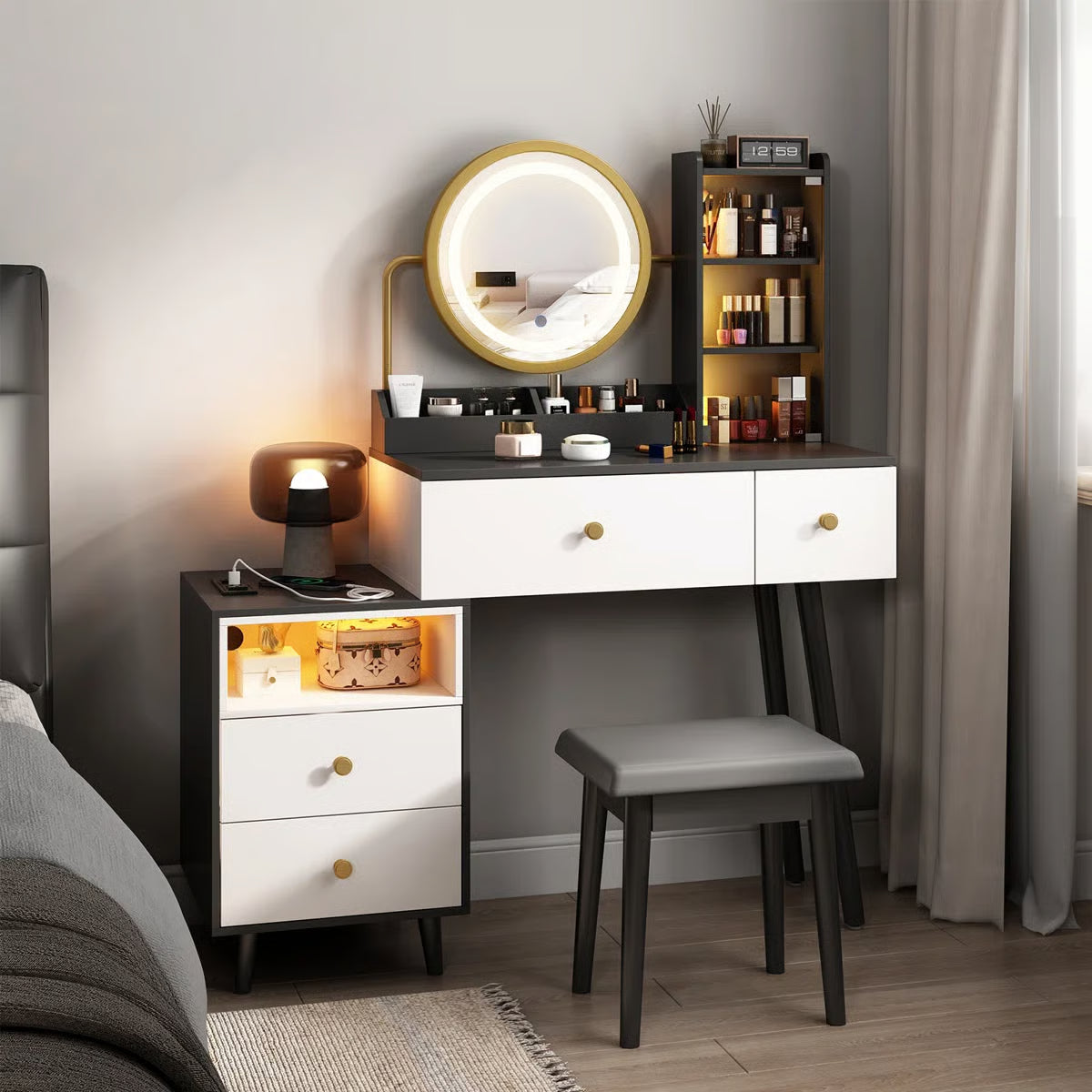 Vanity Makeup Desk Set with Touch Screen Dimming Mirror – Modern Design-OUCH CART |Dressing table