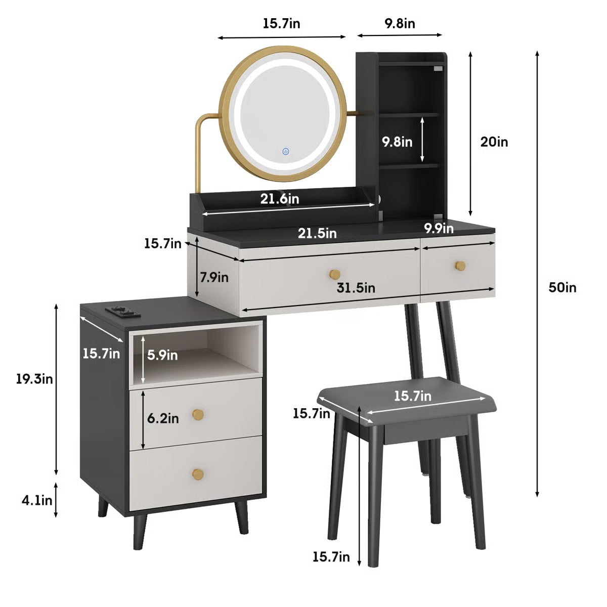 Vanity Makeup Desk Set with Touch Screen Dimming Mirror – Modern Design